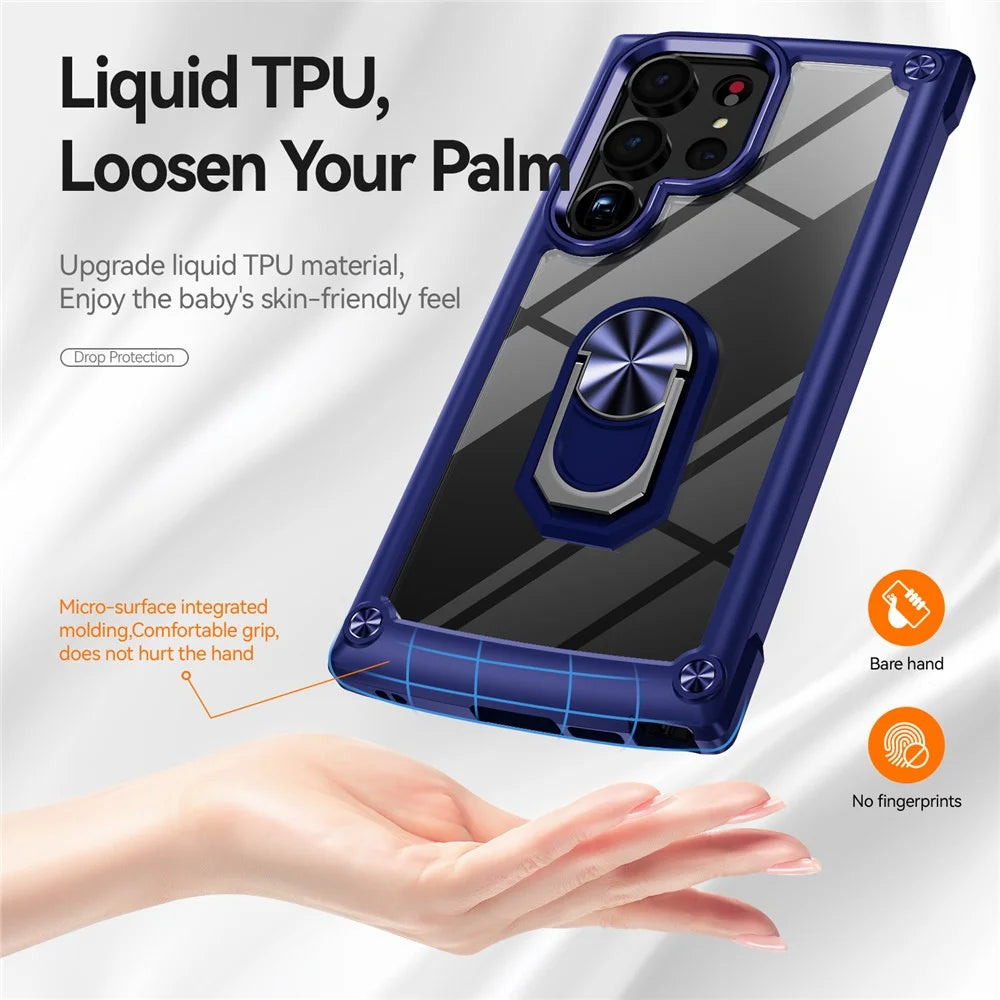 For Samsung Galaxy S23 Ultra Metal Ring Kickstand Protective Case PC + TPU Shockproof Phone Back Cover - Blue - 3