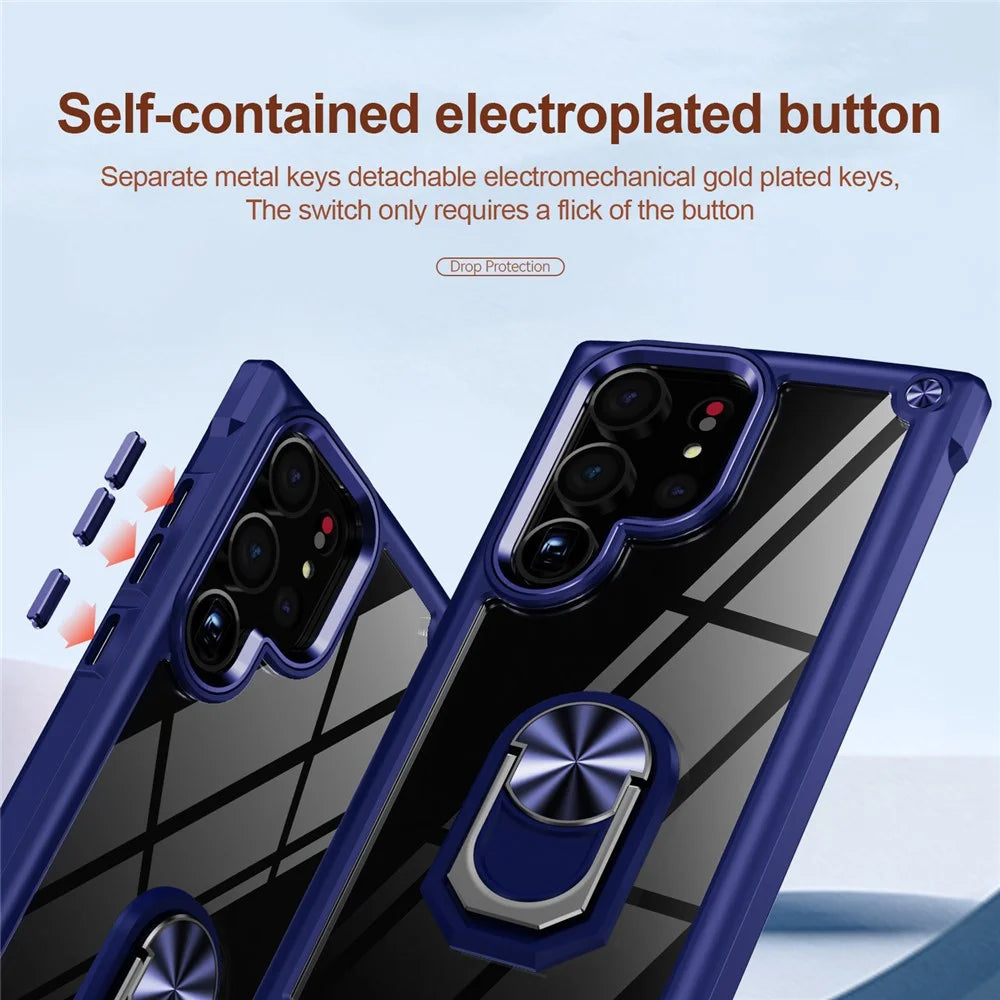 For Samsung Galaxy S23 Ultra Metal Ring Kickstand Protective Case PC + TPU Shockproof Phone Back Cover - Blue - 5