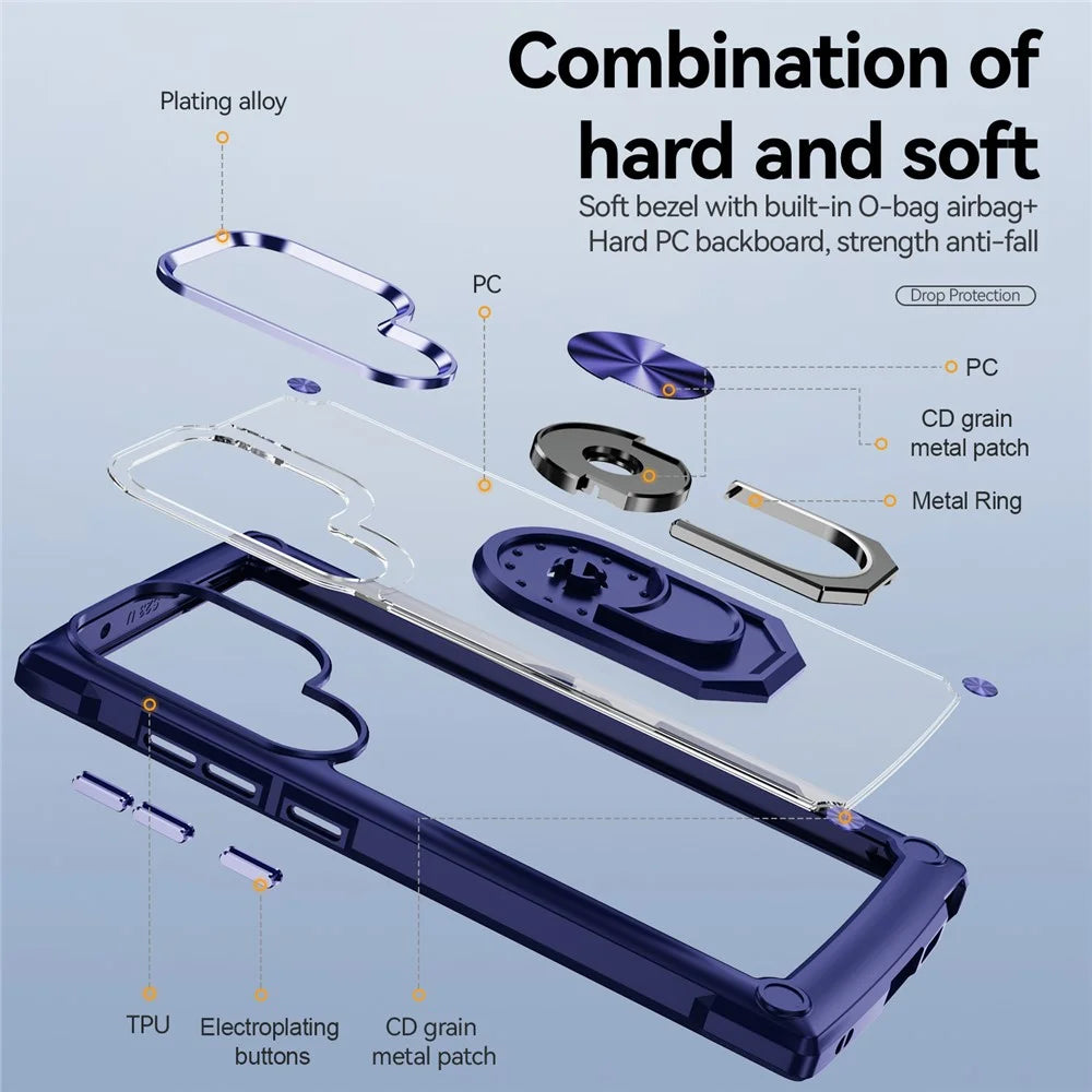 For Samsung Galaxy S23 Ultra Metal Ring Kickstand Protective Case PC + TPU Shockproof Phone Back Cover - Blue - 7