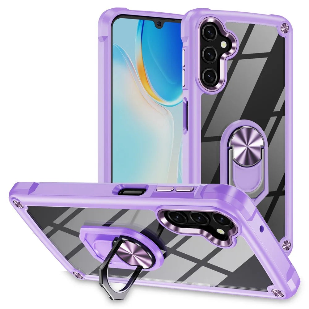 For Samsung Galaxy A14 5G / A14 4G Electroplated Protective Back Case PC + TPU Shockproof Cover with Metal Ring Kickstand - Purple - 1
