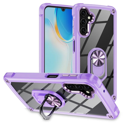 For Samsung Galaxy A14 5G / A14 4G Electroplated Protective Back Case PC + TPU Shockproof Cover with Metal Ring Kickstand - Purple - 1