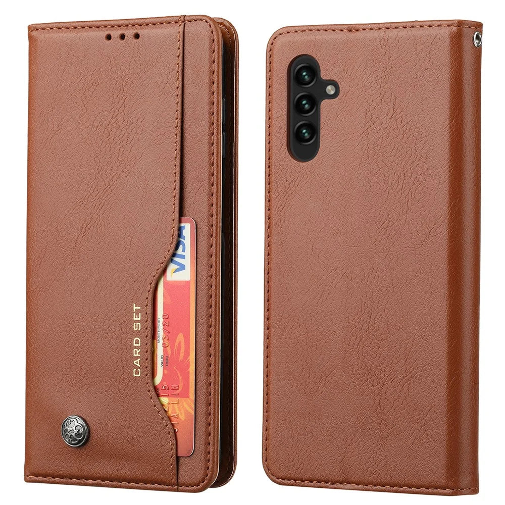 For Samsung Galaxy A14 5G / 4G Outer Card Slot PU Leather Case Magnetic Auto-absorbed Wallet Stand Phone Cover - Brown - 1