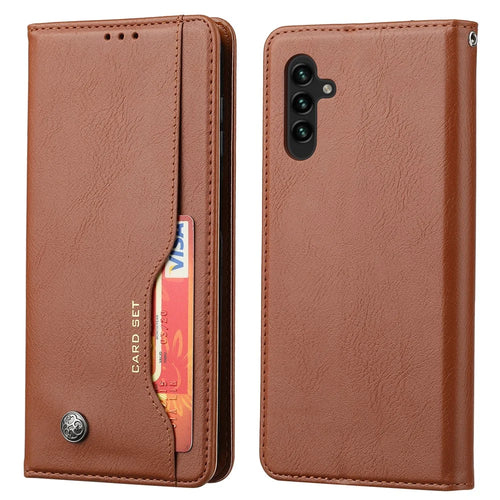 For Samsung Galaxy A14 5G / 4G Outer Card Slot PU Leather Case Magnetic Auto-absorbed Wallet Stand Phone Cover - Brown - 1
