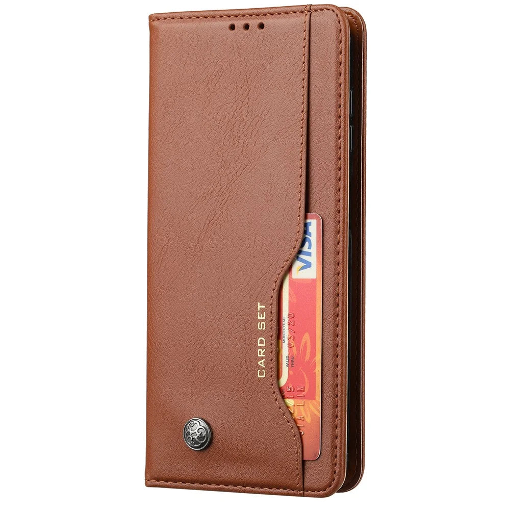 For Samsung Galaxy A14 5G / 4G Outer Card Slot PU Leather Case Magnetic Auto-absorbed Wallet Stand Phone Cover - Brown - 6