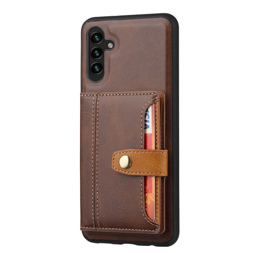 For Samsung Galaxy A34 5G Anti-scratch Calf Texture Phone Case Card Slots Kickstand PU Leather Coated TPU Protective Back Cover - Brown - 1