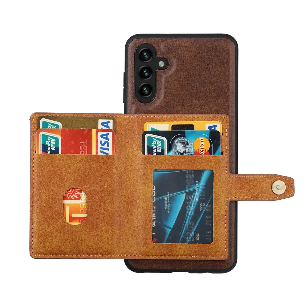 For Samsung Galaxy A34 5G Anti-scratch Calf Texture Phone Case Card Slots Kickstand PU Leather Coated TPU Protective Back Cover - Brown - 2