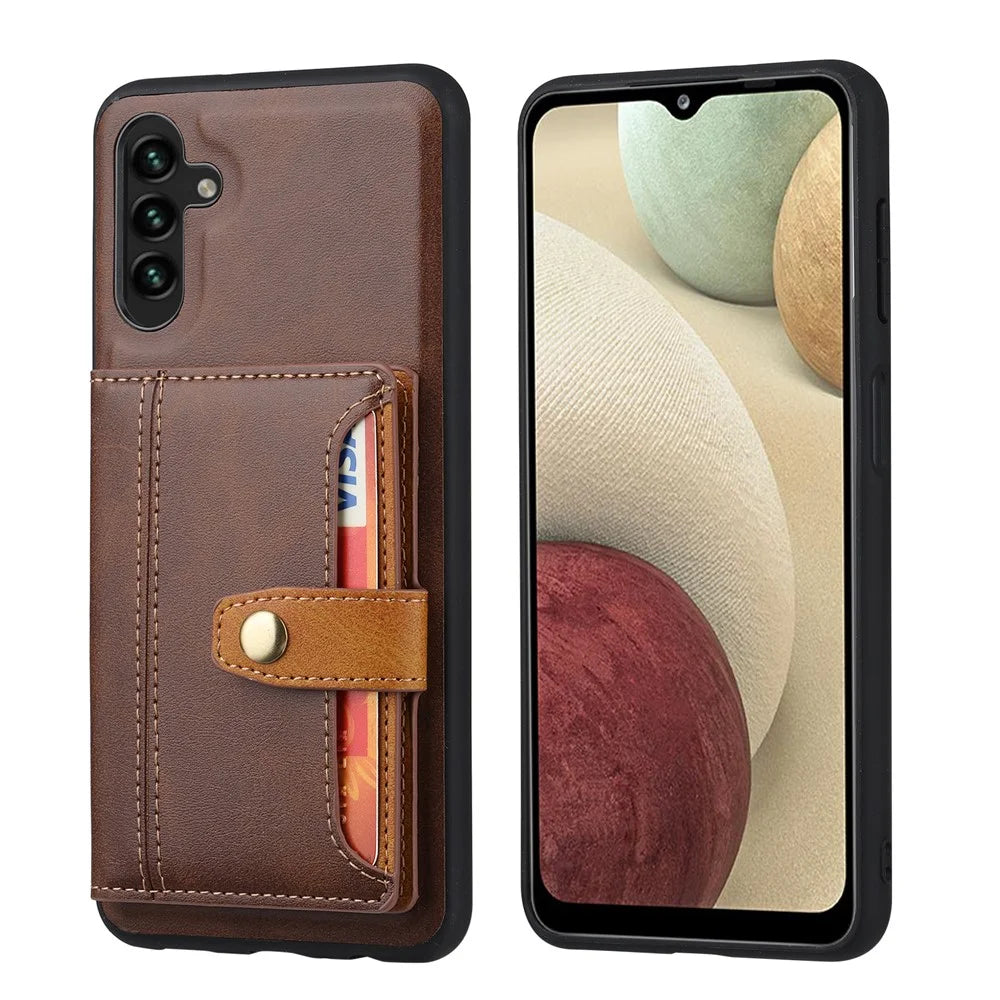 For Samsung Galaxy A34 5G Anti-scratch Calf Texture Phone Case Card Slots Kickstand PU Leather Coated TPU Protective Back Cover - Brown - 6