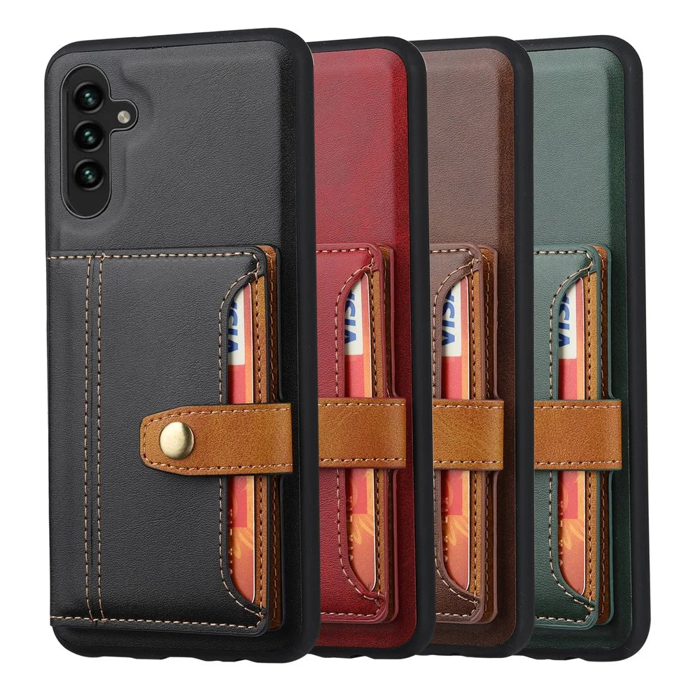 For Samsung Galaxy A34 5G Anti-scratch Calf Texture Phone Case Card Slots Kickstand PU Leather Coated TPU Protective Back Cover - Brown - 7