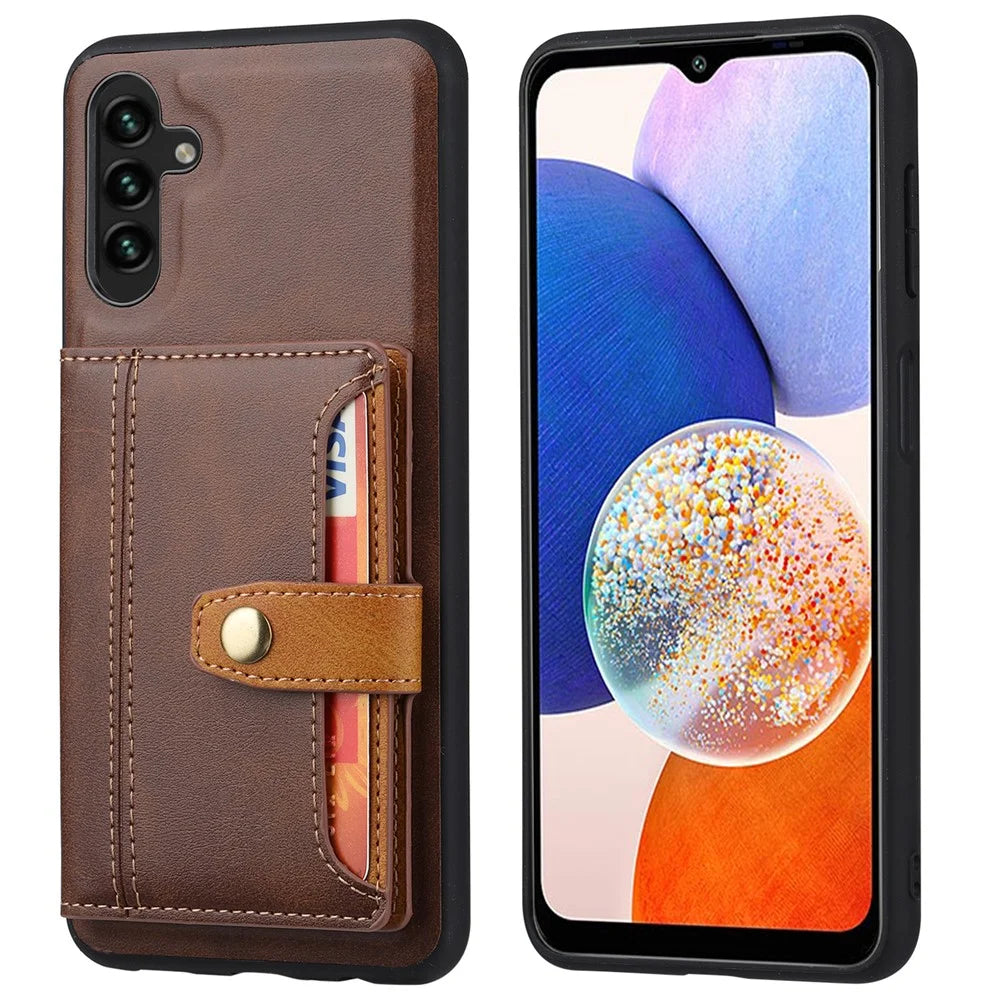 For Samsung Galaxy A14 5G / 4G Calf Texture Phone Case Card Slots Kickstand PU Leather Coated TPU Well-protected Protective Back Cover - Brown - 1