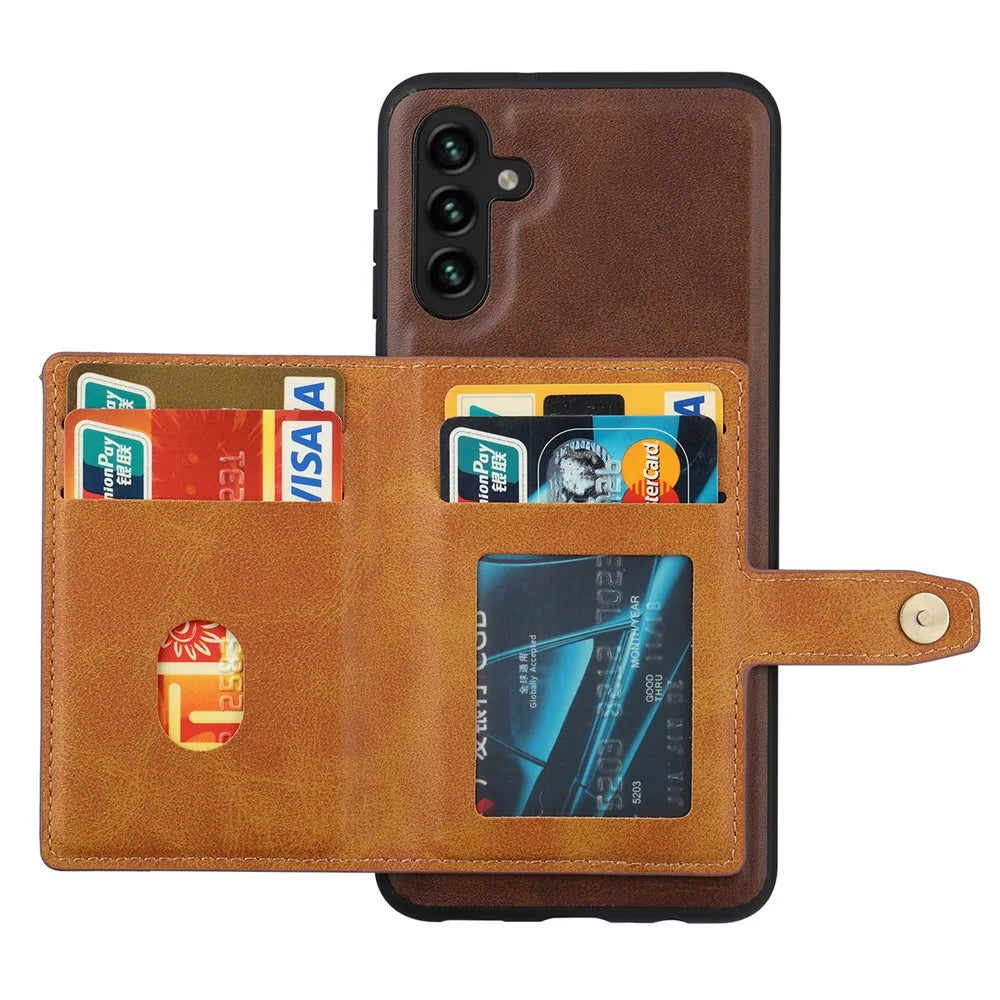 For Samsung Galaxy A14 5G / 4G Calf Texture Phone Case Card Slots Kickstand PU Leather Coated TPU Well-protected Protective Back Cover - Brown - 2