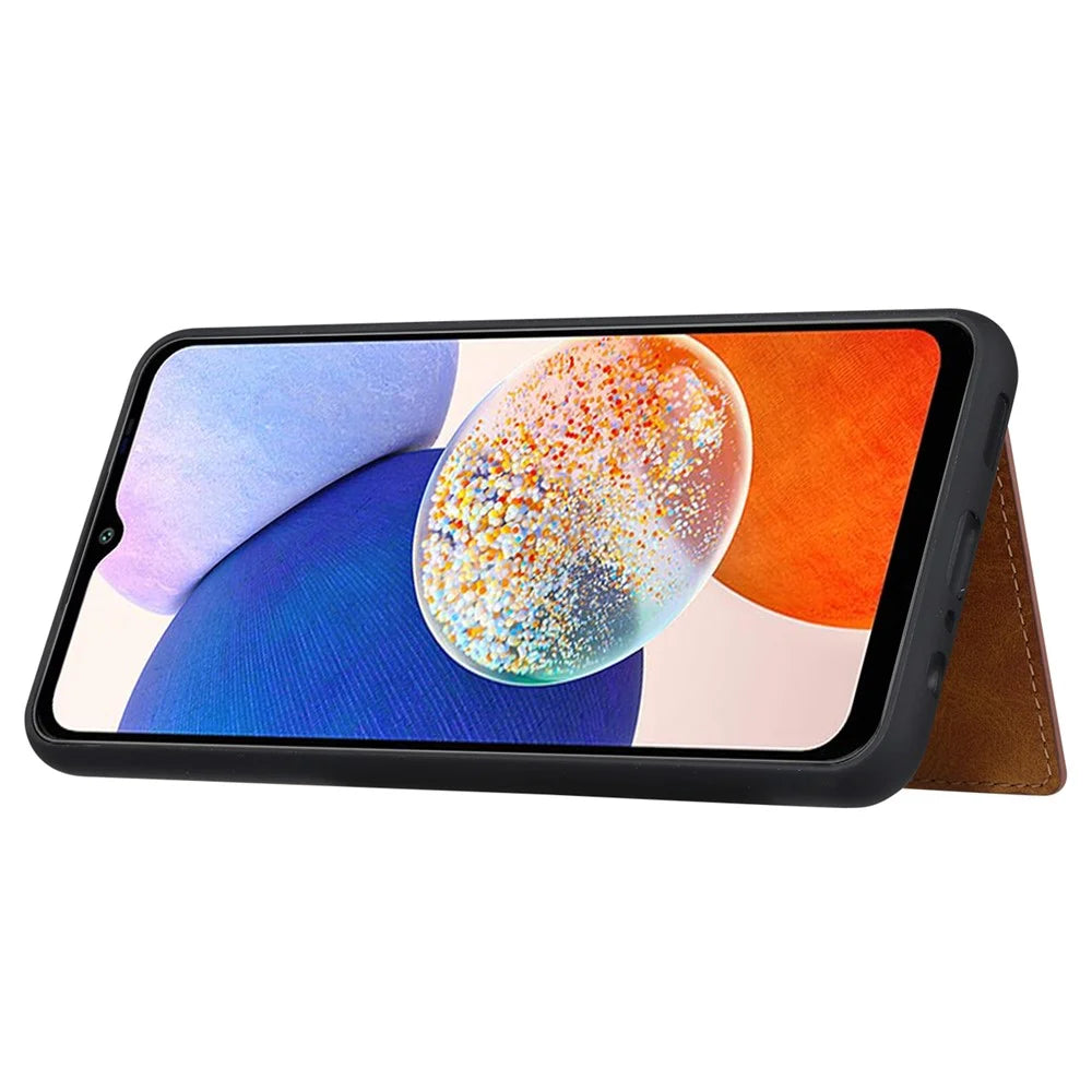 For Samsung Galaxy A14 5G / 4G Calf Texture Phone Case Card Slots Kickstand PU Leather Coated TPU Well-protected Protective Back Cover - Brown - 3