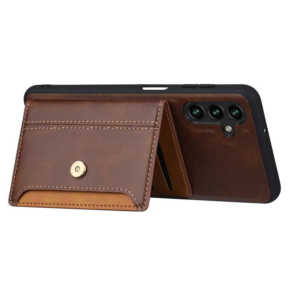 For Samsung Galaxy A14 5G / 4G Calf Texture Phone Case Card Slots Kickstand PU Leather Coated TPU Well-protected Protective Back Cover - Brown - 4