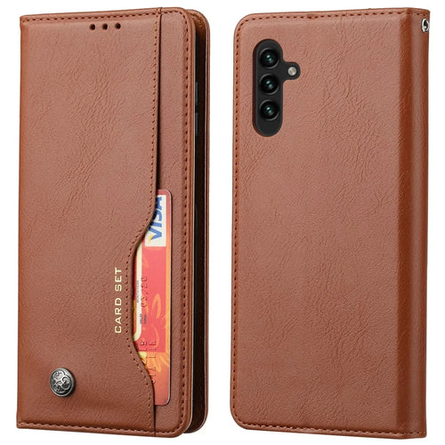 For Samsung Galaxy A34 5G Outer Card Slot PU Leather Case Full Protection Magnetic Auto-absorbed Wallet Stand Phone Cover - Brown - 1
