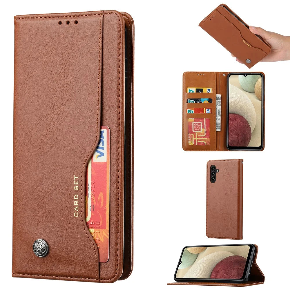 For Samsung Galaxy A34 5G Outer Card Slot PU Leather Case Full Protection Magnetic Auto-absorbed Wallet Stand Phone Cover - Brown - 6