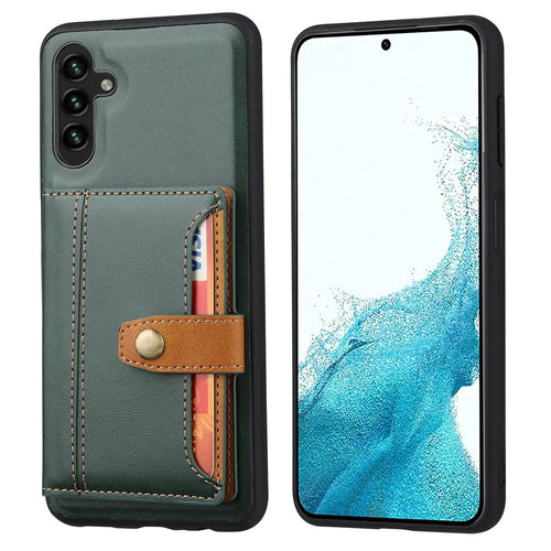 For Samsung Galaxy A54 5G Bump Proof Calf Texture Phone Case Card Slots Kickstand PU Leather Coated TPU Protective Back Cover - Green - 1