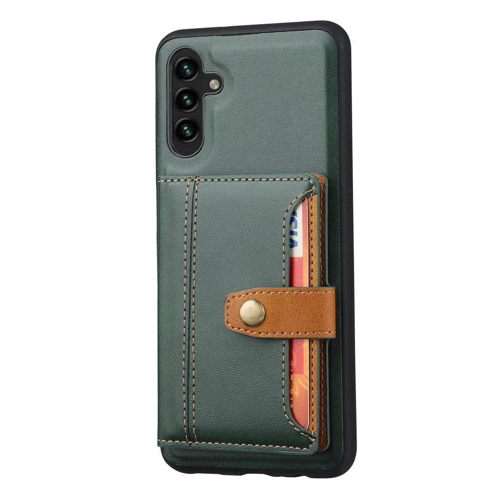 For Samsung Galaxy A54 5G Bump Proof Calf Texture Phone Case Card Slots Kickstand PU Leather Coated TPU Protective Back Cover - Green - 6