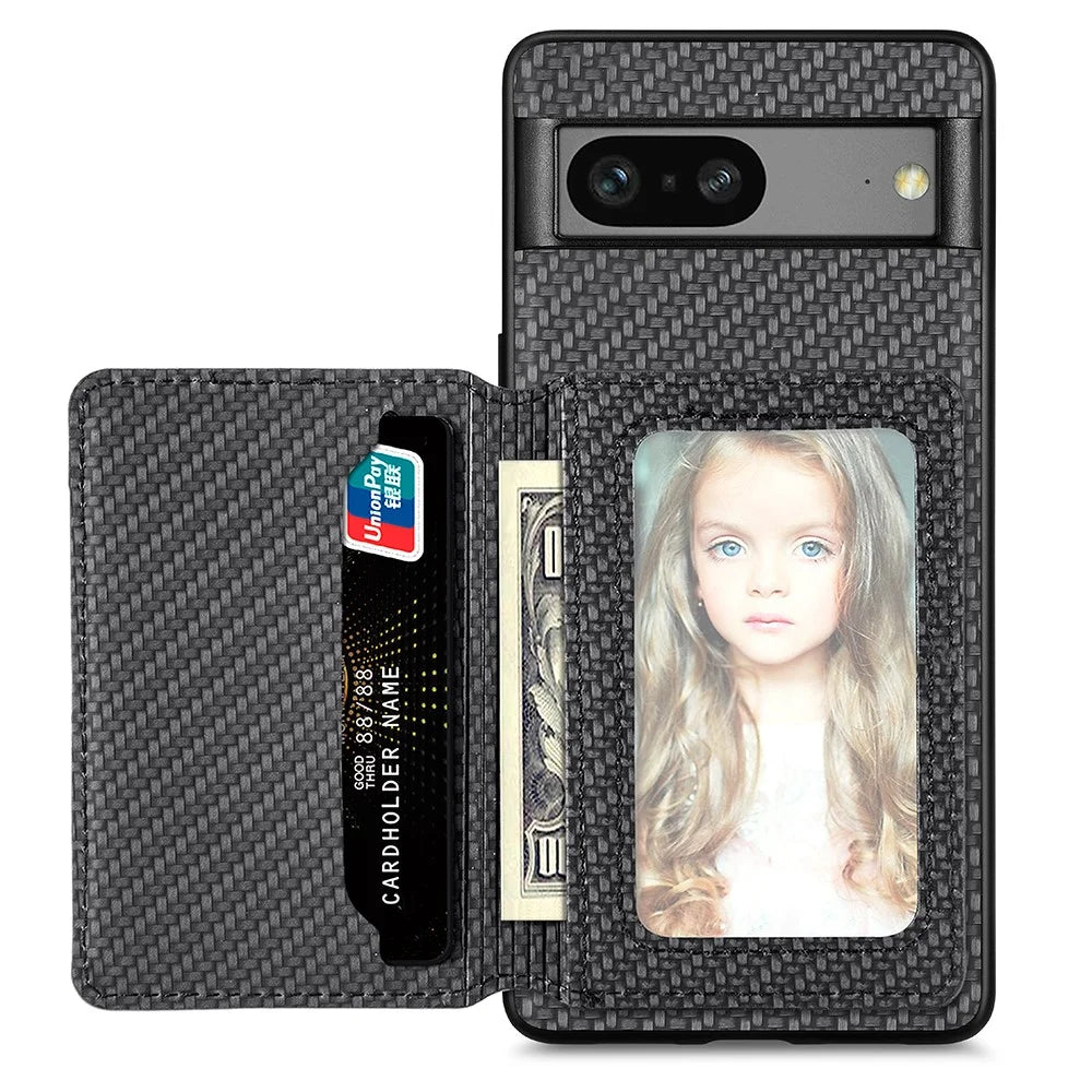 For Google Pixel 7a PU Leather Coated PC+TPU Magnetic Phone Cover Carbon Fiber Texture Shockproof Anti-sratch Phone Case Wallet Kickstand - Black - 1