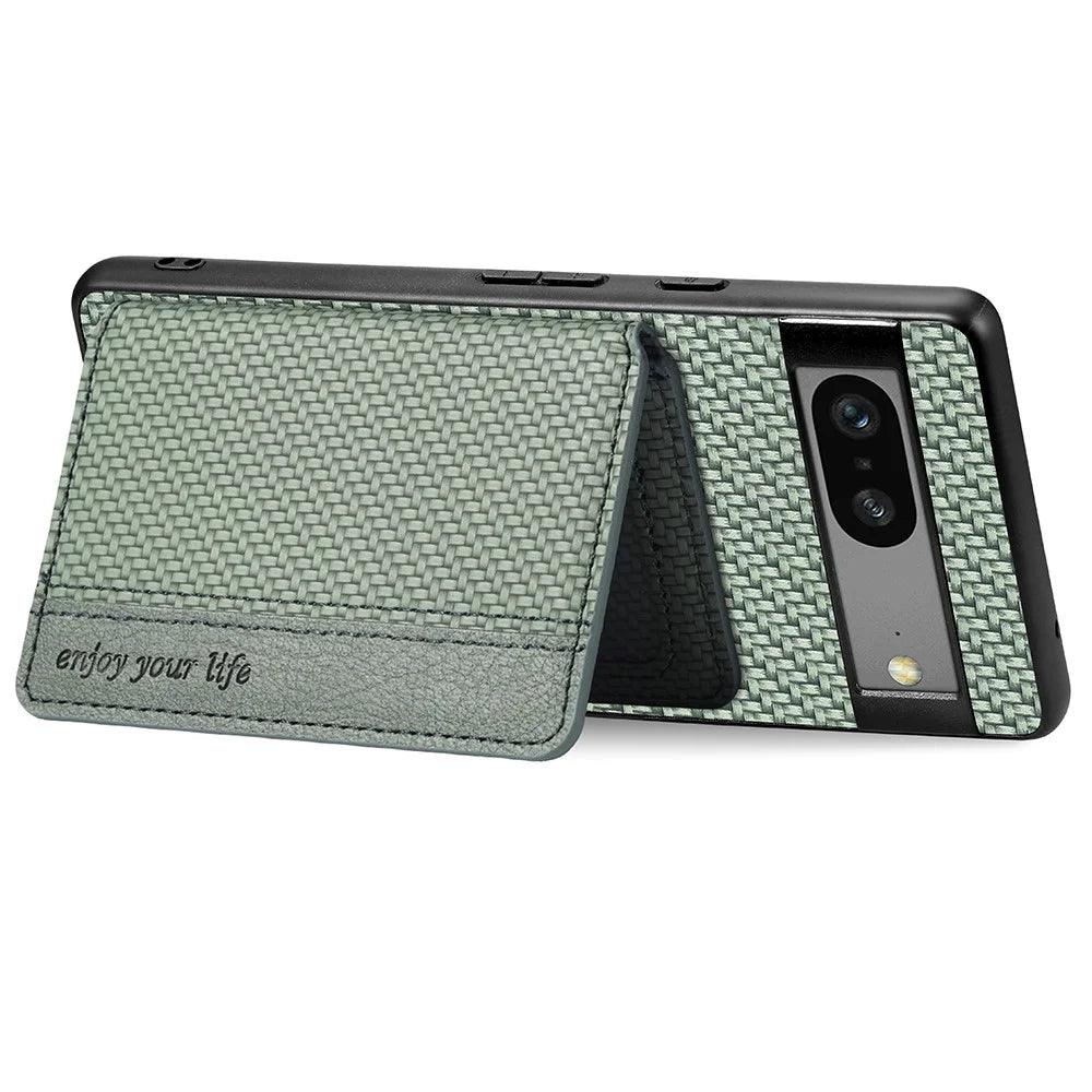 For Google Pixel 7a PU Leather Coated PC+TPU Magnetic Phone Cover Carbon Fiber Texture Shockproof Anti-sratch Phone Case Wallet Kickstand - Black - 3