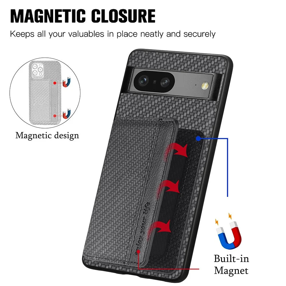 For Google Pixel 7a PU Leather Coated PC+TPU Magnetic Phone Cover Carbon Fiber Texture Shockproof Anti-sratch Phone Case Wallet Kickstand - Black - 5
