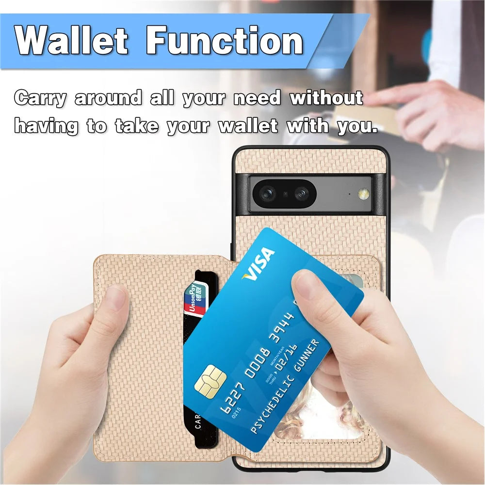 For Google Pixel 7a PU Leather Coated PC+TPU Magnetic Phone Cover Carbon Fiber Texture Shockproof Anti-sratch Phone Case Wallet Kickstand - Black - 7