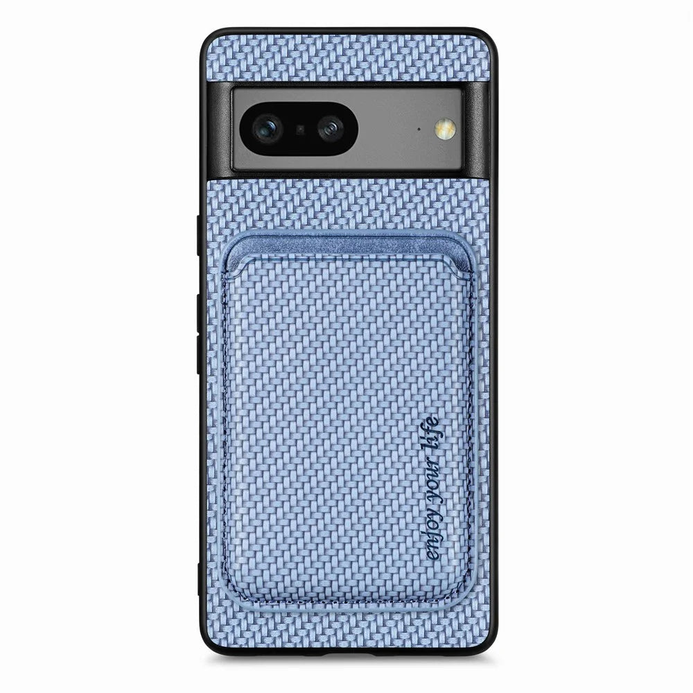 For Google Pixel 7a 5G Carbon Fiber Texture Drop-proof Case Detachable Magnetic Card Holder PC + TPU + PU Leather Protective Cover - Blue - 1