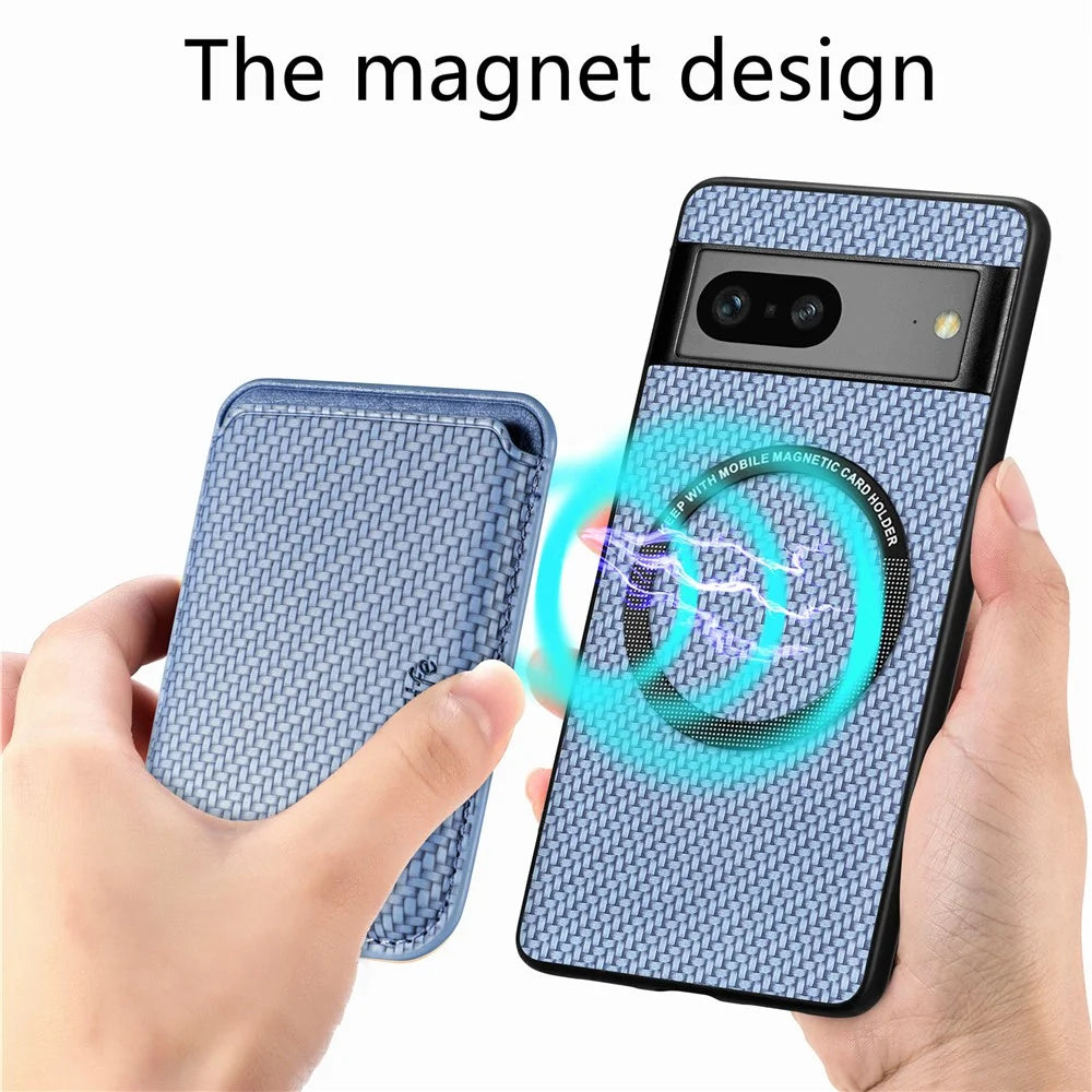 For Google Pixel 7a 5G Carbon Fiber Texture Drop-proof Case Detachable Magnetic Card Holder PC + TPU + PU Leather Protective Cover - Blue - 2