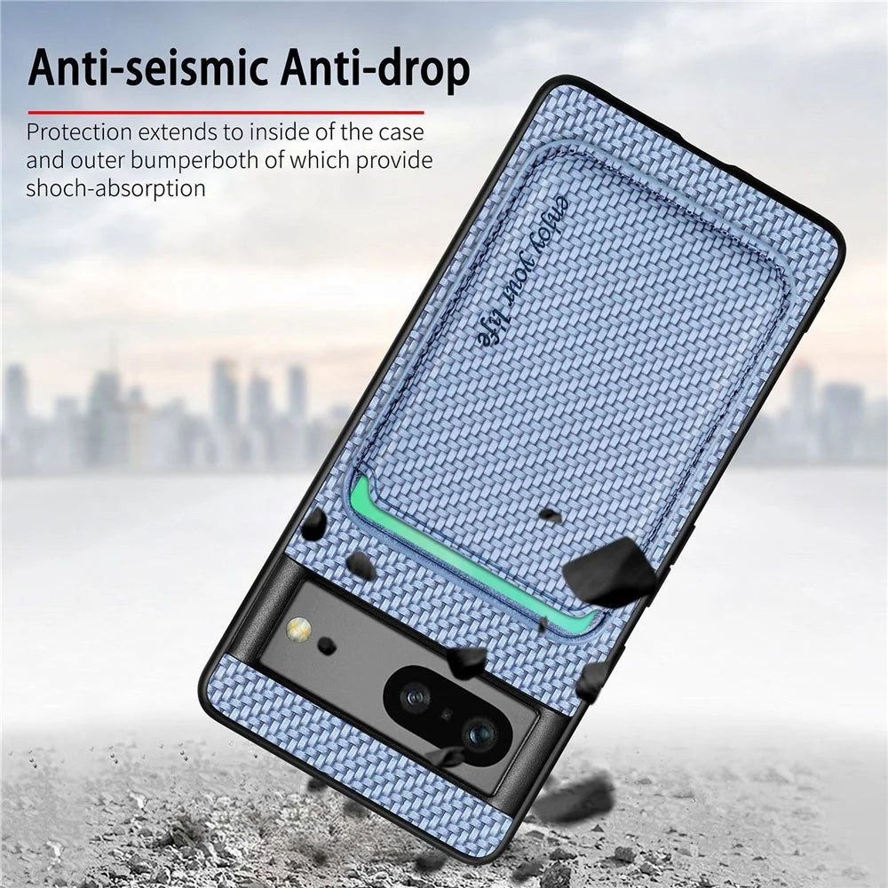 For Google Pixel 7a 5G Carbon Fiber Texture Drop-proof Case Detachable Magnetic Card Holder PC + TPU + PU Leather Protective Cover - Blue - 4