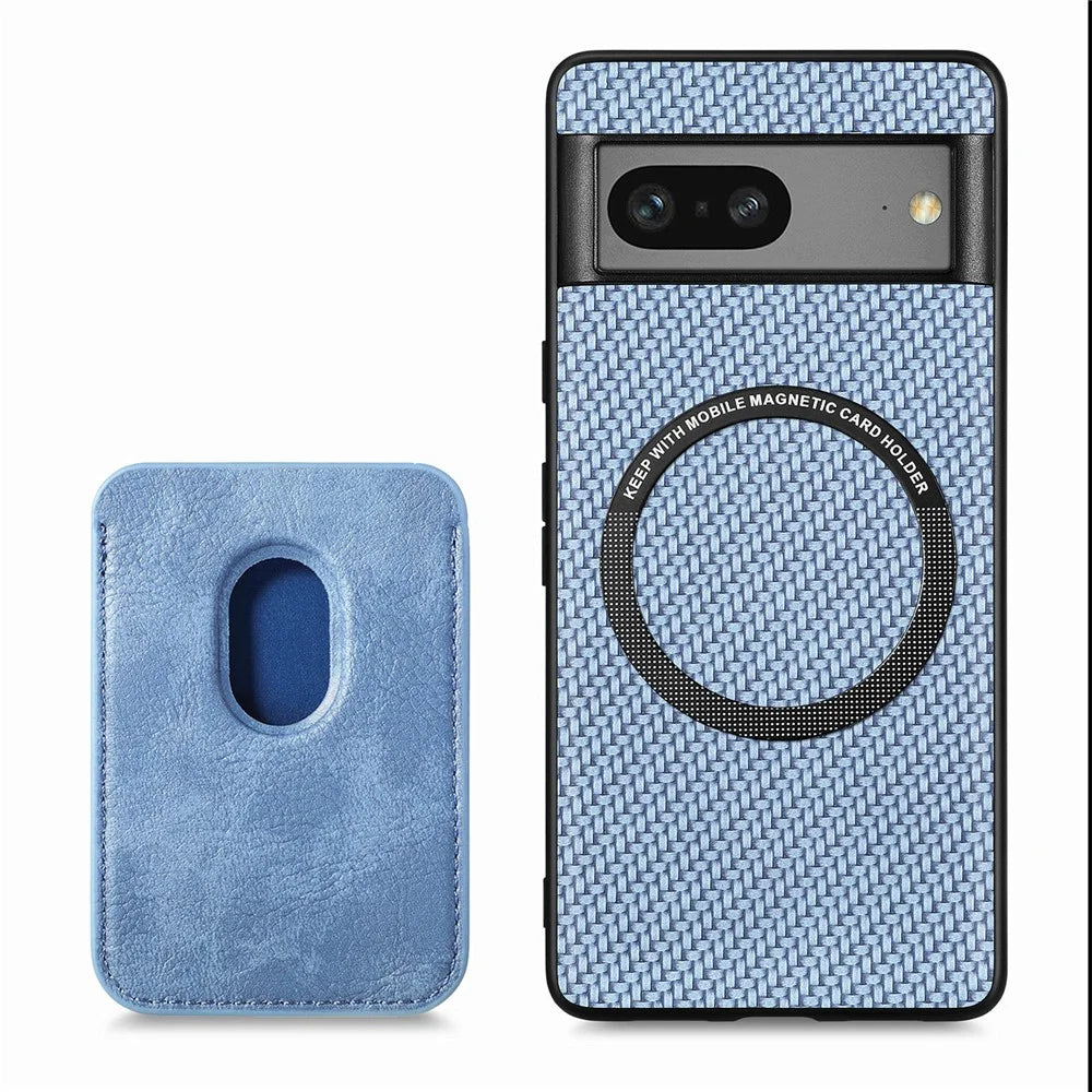 For Google Pixel 7a 5G Carbon Fiber Texture Drop-proof Case Detachable Magnetic Card Holder PC + TPU + PU Leather Protective Cover - Blue - 5