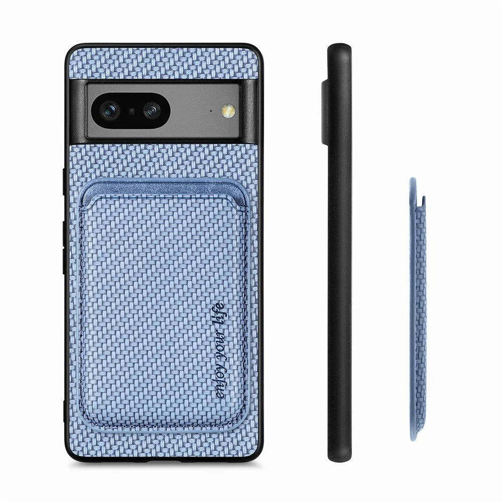 For Google Pixel 7a 5G Carbon Fiber Texture Drop-proof Case Detachable Magnetic Card Holder PC + TPU + PU Leather Protective Cover - Blue - 6
