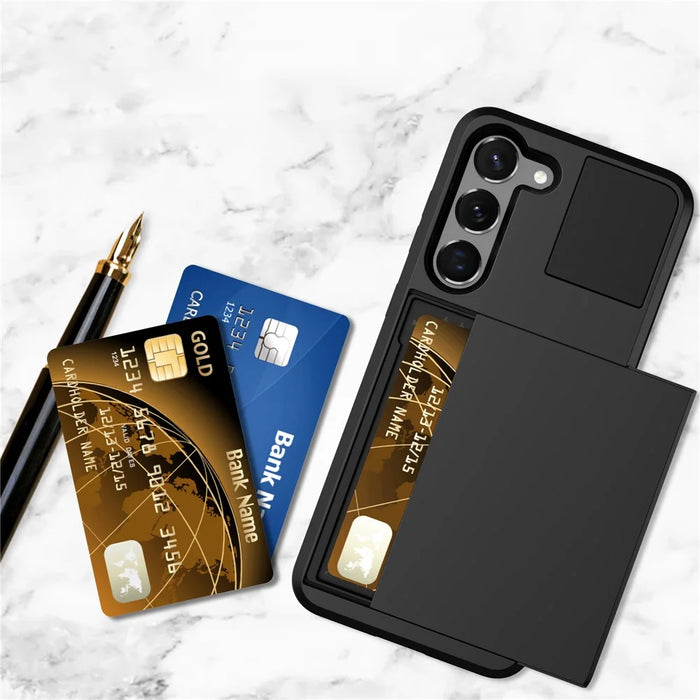 Cell Phone Case for Samsung Galaxy S23, Sliding Card Holder PC + TPU Anti-drop Cover - Black - 2