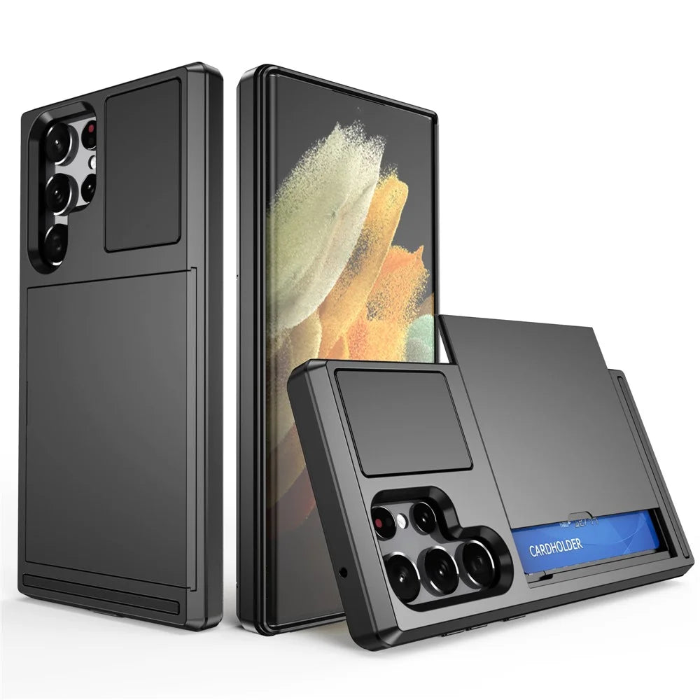 Sliding Card Holder Phone Case for Samsung Galaxy S23 Ultra, Anti-drop PC + TPU Protective Cover - Black - 1