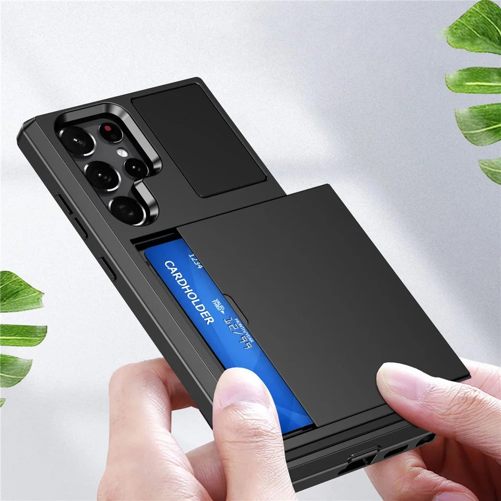Sliding Card Holder Phone Case for Samsung Galaxy S23 Ultra, Anti-drop PC + TPU Protective Cover - Black - 3