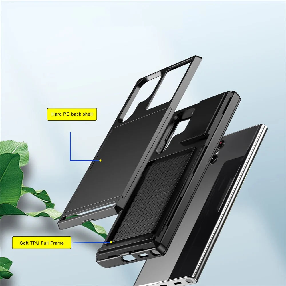 Sliding Card Holder Phone Case for Samsung Galaxy S23 Ultra, Anti-drop PC + TPU Protective Cover - Black - 5