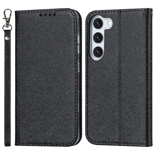 For Samsung Galaxy S23 Shockproof Phone Case PU Leather Silk Texture Phone Cover Wallet Stand with Wrist Strap - Black - 1