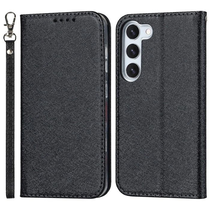 For Samsung Galaxy S23 Shockproof Phone Case PU Leather Silk Texture Phone Cover Wallet Stand with Wrist Strap - Black - 1