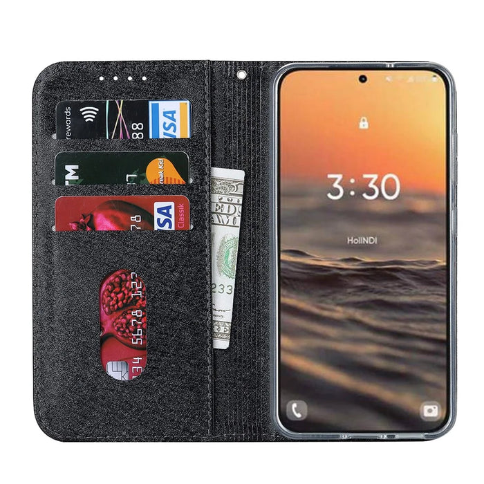 For Samsung Galaxy S23 Shockproof Phone Case PU Leather Silk Texture Phone Cover Wallet Stand with Wrist Strap - Black - 2