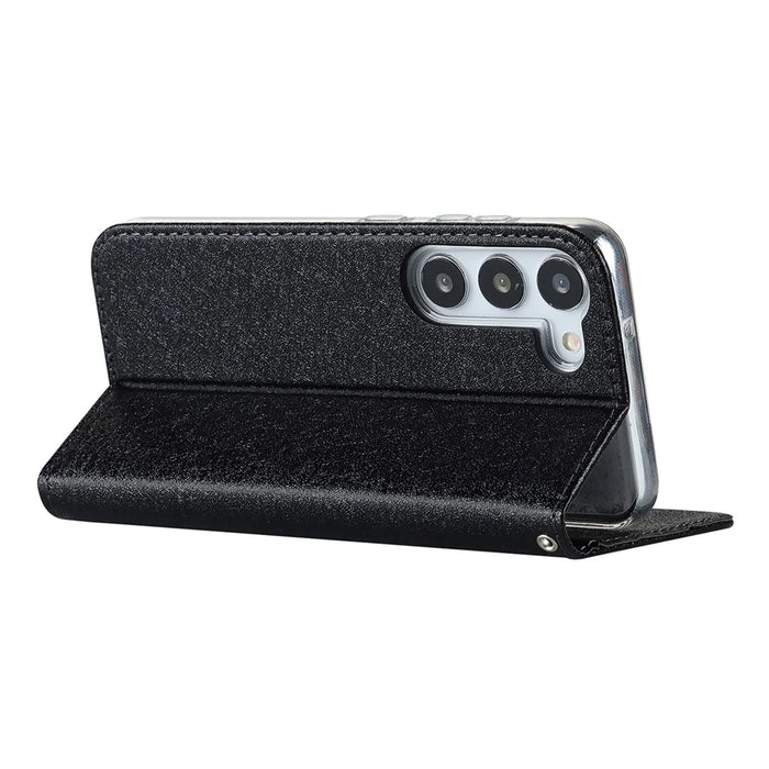 For Samsung Galaxy S23 Shockproof Phone Case PU Leather Silk Texture Phone Cover Wallet Stand with Wrist Strap - Black - 4