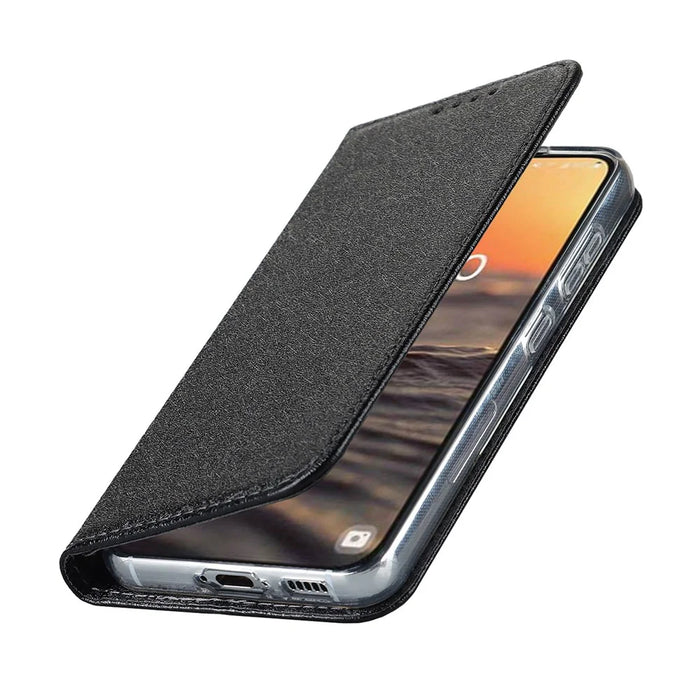 For Samsung Galaxy S23 Shockproof Phone Case PU Leather Silk Texture Phone Cover Wallet Stand with Wrist Strap - Black - 5