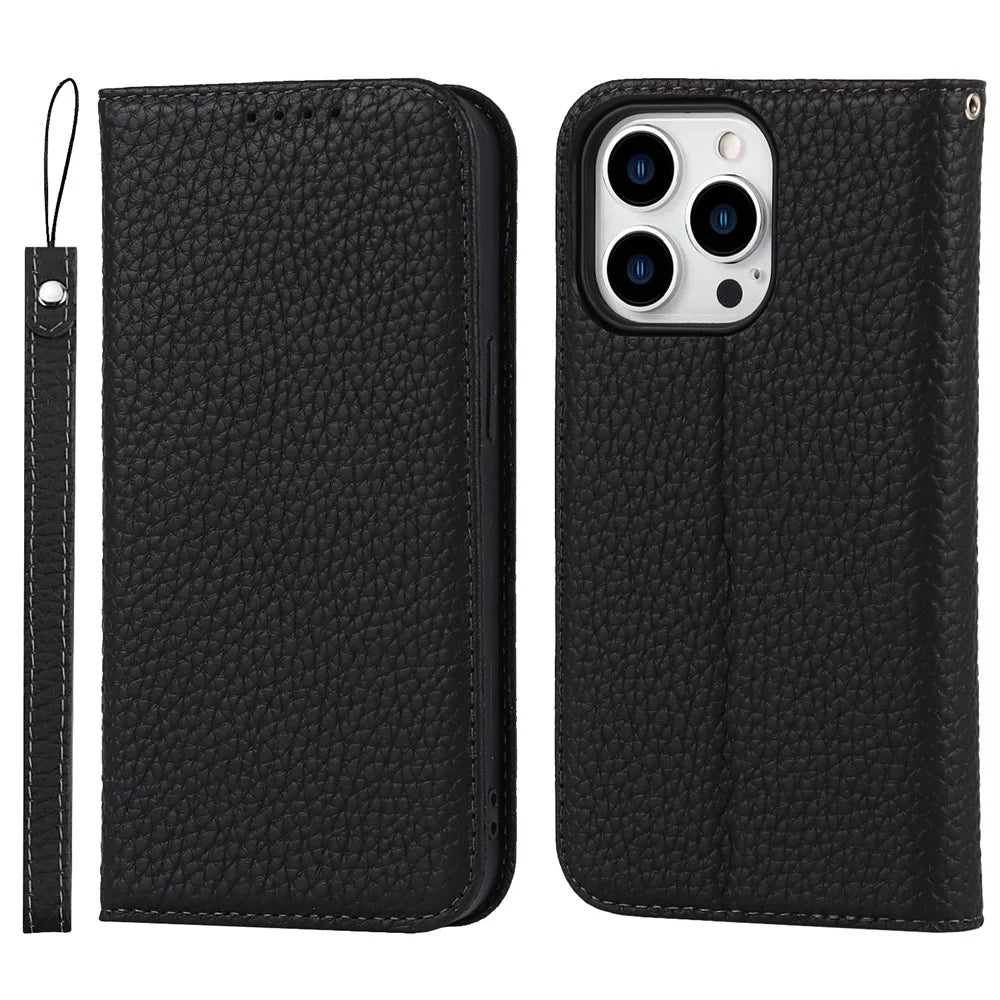 Full Protection Phone Case For iPhone 14 Pro Max, Litchi Texture Genuine Leather Cell Phone Cover Wallet Stand - Black - 1