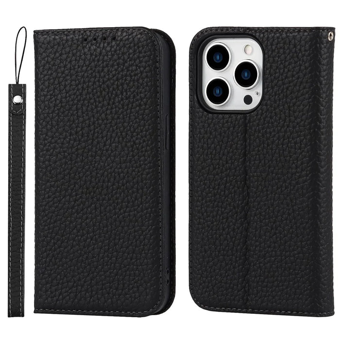 Full Protection Phone Case For iPhone 14 Pro Max, Litchi Texture Genuine Leather Cell Phone Cover Wallet Stand - Black - 1