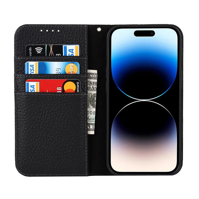 Full Protection Phone Case For iPhone 14 Pro Max, Litchi Texture Genuine Leather Cell Phone Cover Wallet Stand - Black - 2