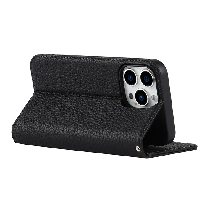 Full Protection Phone Case For iPhone 14 Pro Max, Litchi Texture Genuine Leather Cell Phone Cover Wallet Stand - Black - 3