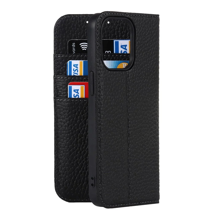 Full Protection Phone Case For iPhone 14 Pro Max, Litchi Texture Genuine Leather Cell Phone Cover Wallet Stand - Black - 5