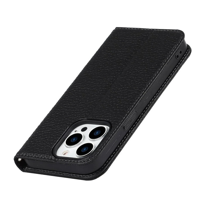 Full Protection Phone Case For iPhone 14 Pro Max, Litchi Texture Genuine Leather Cell Phone Cover Wallet Stand - Black - 6