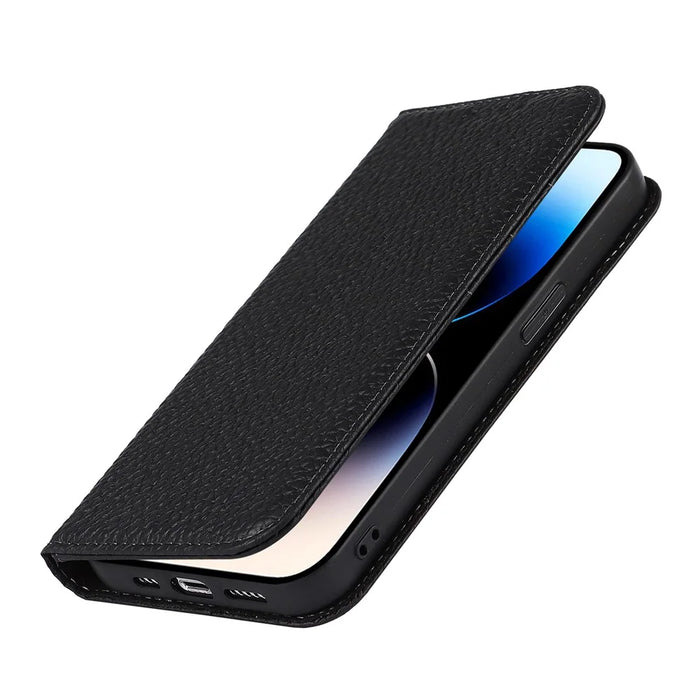 Full Protection Phone Case For iPhone 14 Pro Max, Litchi Texture Genuine Leather Cell Phone Cover Wallet Stand - Black - 7