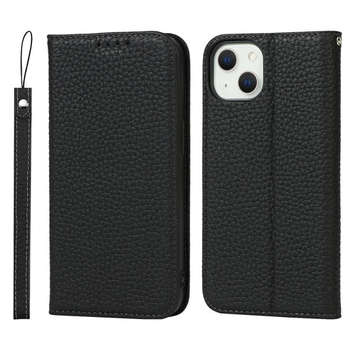 Drop-proof Phone Case for iPhone 14, Genuine Leather Litchi Texture Cell Phone Cover Wallet Stand  - Black - 1