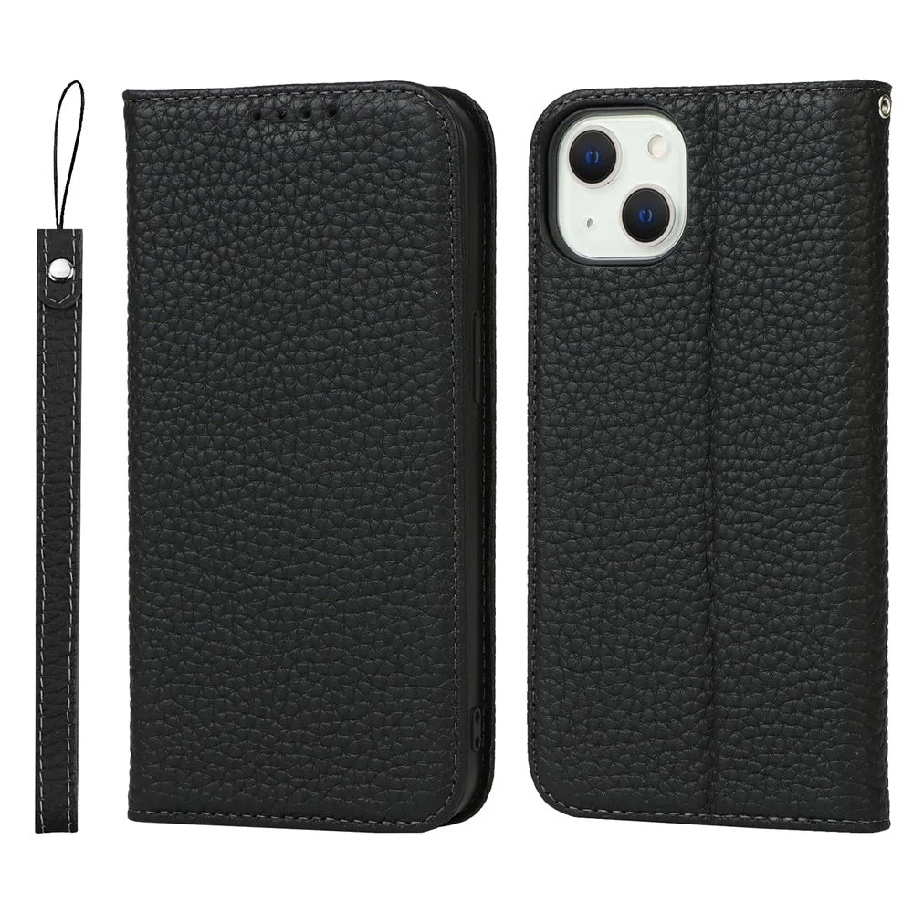 Drop-proof Phone Case for iPhone 14, Genuine Leather Litchi Texture Cell Phone Cover Wallet Stand  - Black - 1