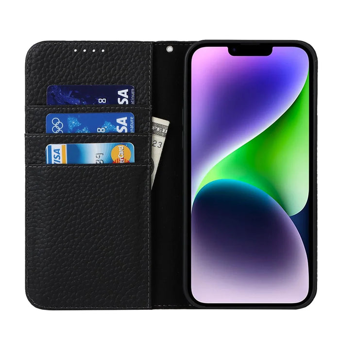 Drop-proof Phone Case for iPhone 14, Genuine Leather Litchi Texture Cell Phone Cover Wallet Stand  - Black - 2