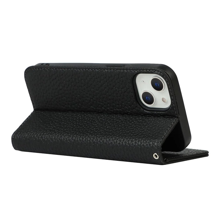 Drop-proof Phone Case for iPhone 14, Genuine Leather Litchi Texture Cell Phone Cover Wallet Stand  - Black - 3