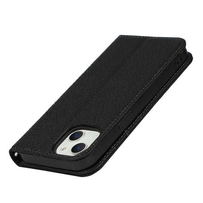Drop-proof Phone Case for iPhone 14, Genuine Leather Litchi Texture Cell Phone Cover Wallet Stand  - Black - 6